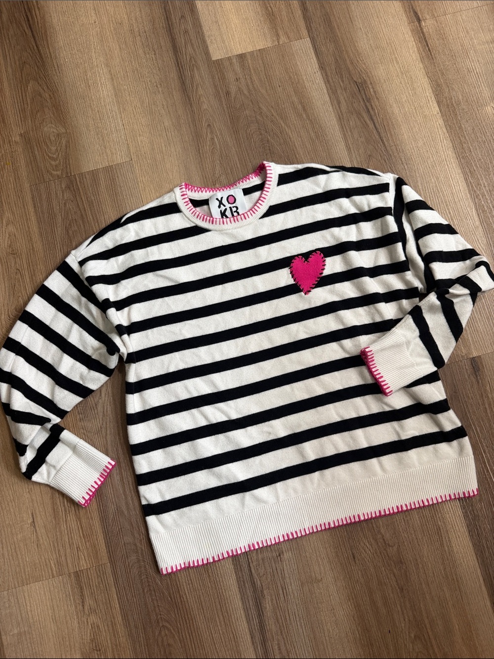 Kerri Rosenthal XOKR White Black Striped Heart Sweater Soft Knit Pullover Large - Picture 2 of 9